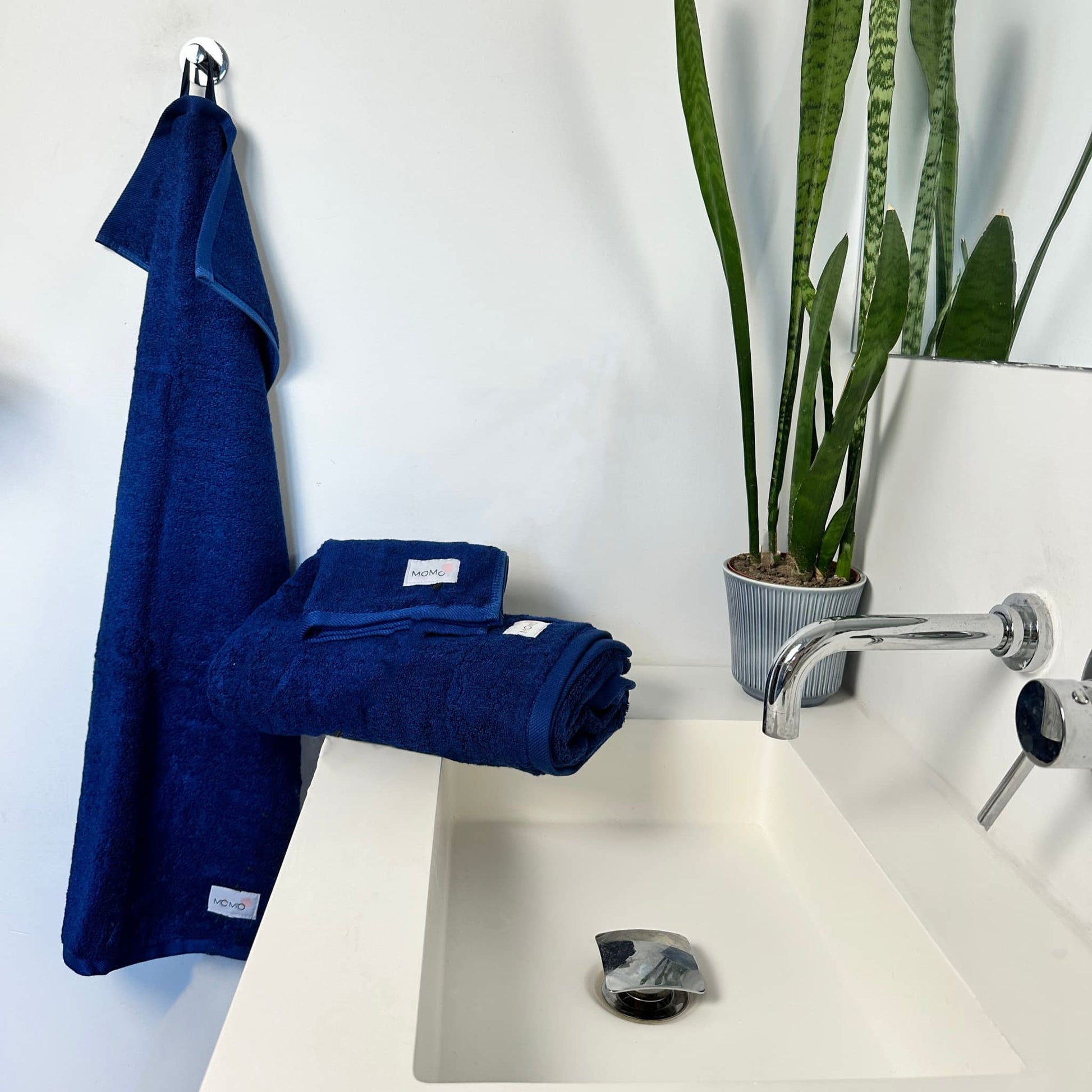 3-piece blue bamboo towel set in scene – soft, absorbent and sustainable