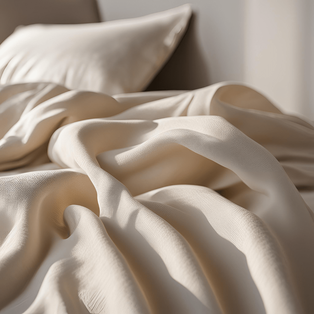 White soft bedsheets on a neatly made bed, showing the soft fabric texture.