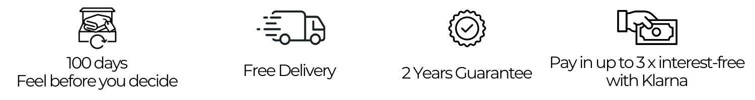 Trust signals: 100 days to try, free delivery, and 2-year warranty, pay in 3 times with klarna– safe and secure shopping