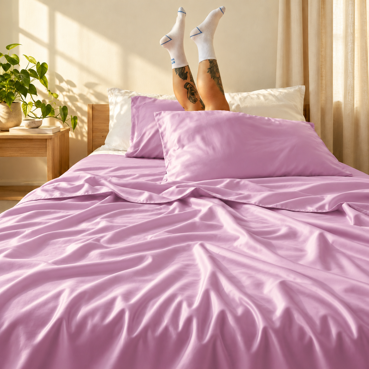 Pink top sheet on bed with white pillows, legs in white socks raised up, natural light streaming through window