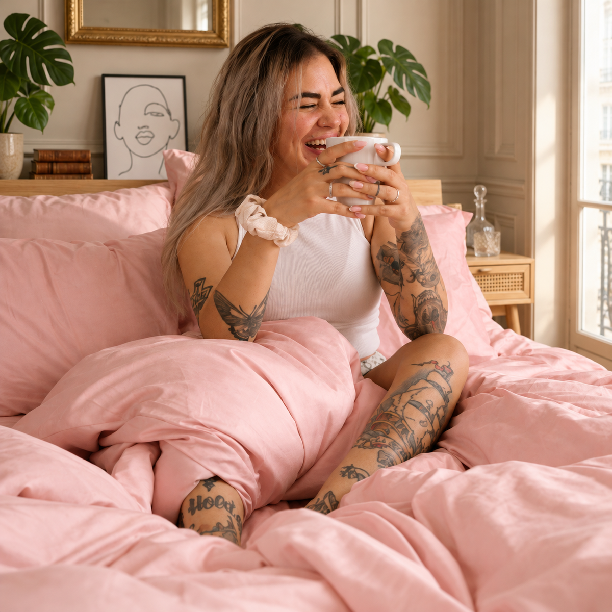 Parure de lit en bambou rose sur un lit, mettant en avant la douceur et le confort du tissu