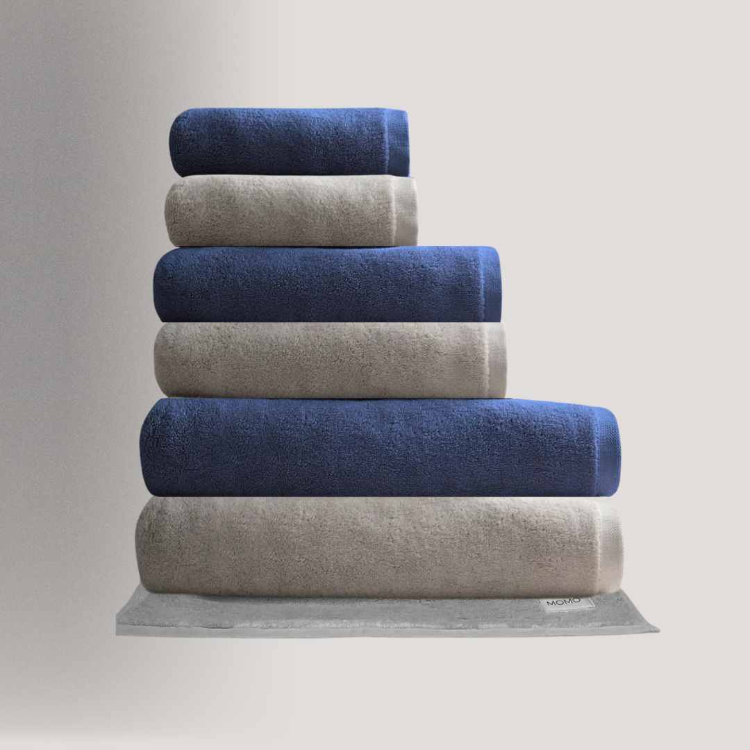 Toalhas de algodão e cinza e azul – luxuosas, sustentáveis e ultra macias para banho da Momo Cotton