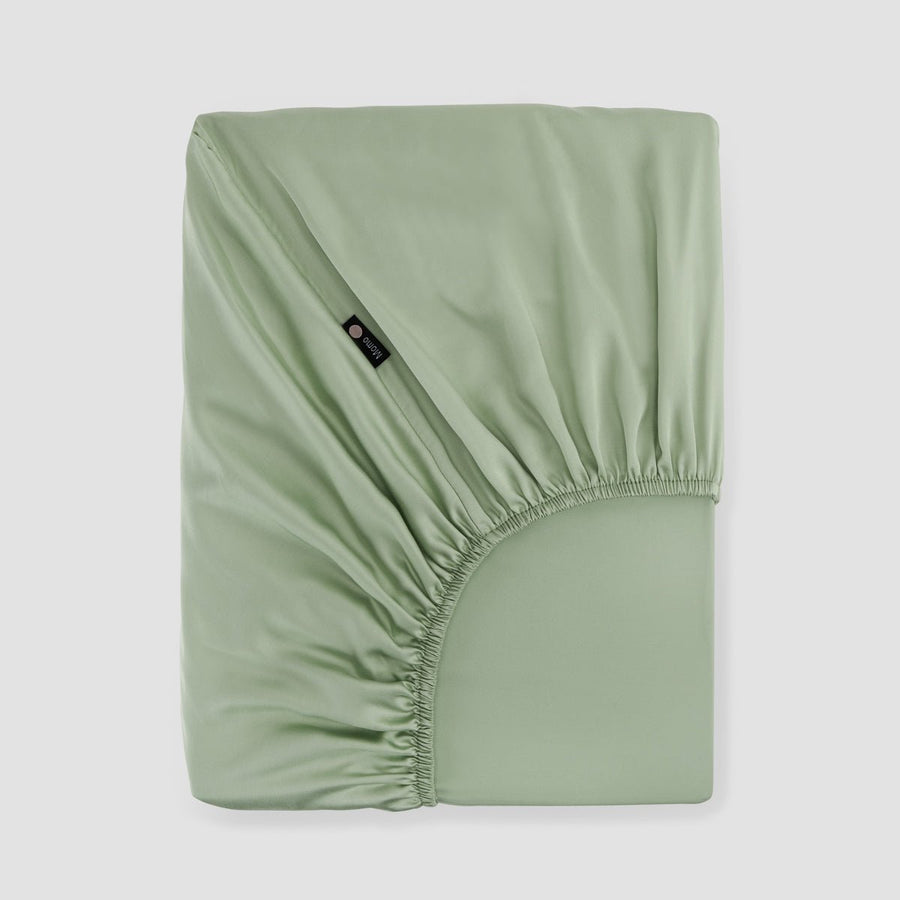 Drap housse vert bambou Momo Cotton – tissu satiné 300 fils, doux, respirant et durable.
