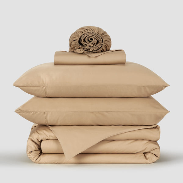 Beige Bamboo Bed Linen Set by Momo Cotton – 300-thread satin, soft, breathable and sustainable.