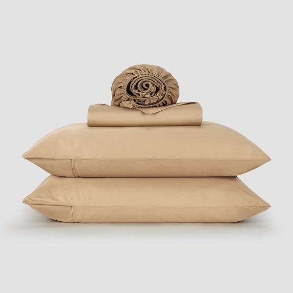 Beige Bamboo Top Sheet Set by Momo Cotton – 300 thread count satin, soft, breathable and sustainable.