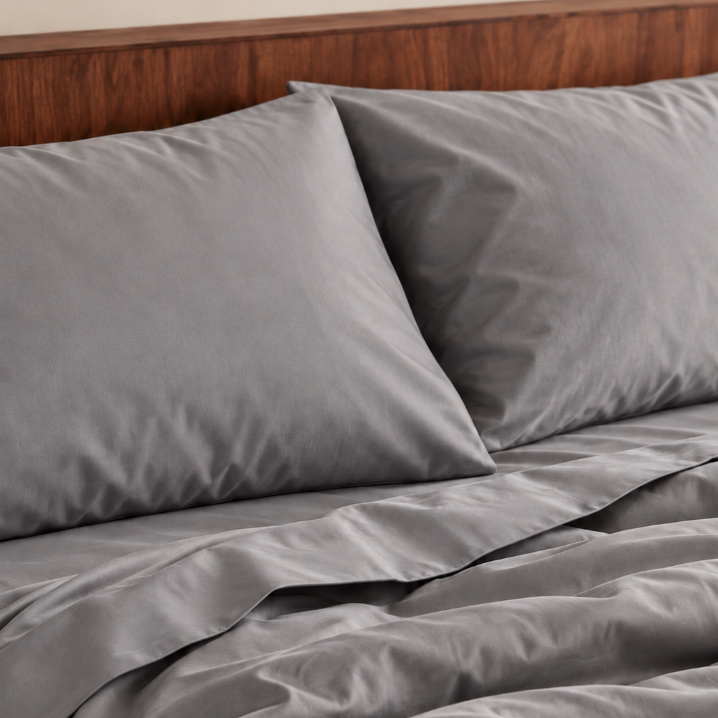 Drap gris sur lit en bois avec oreillers, montrant tissu bambou thermorégulant.