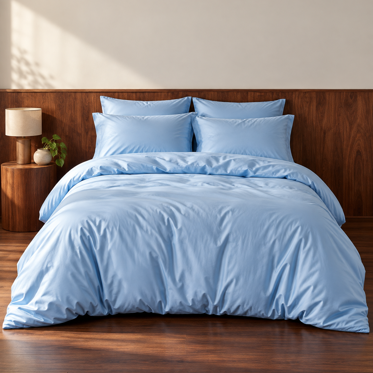 Ensemble de housse de couette en bambou bleu clair sur lit avec oreillers, tête de lit en bois et table de nuit