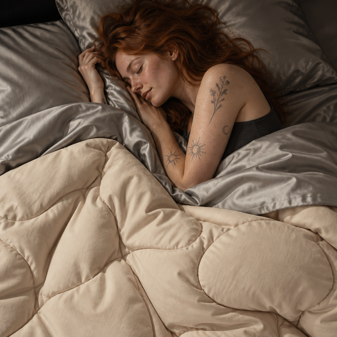 Woman sleeping on beige 2-in-1 comforter with gray pillows, overhead view.