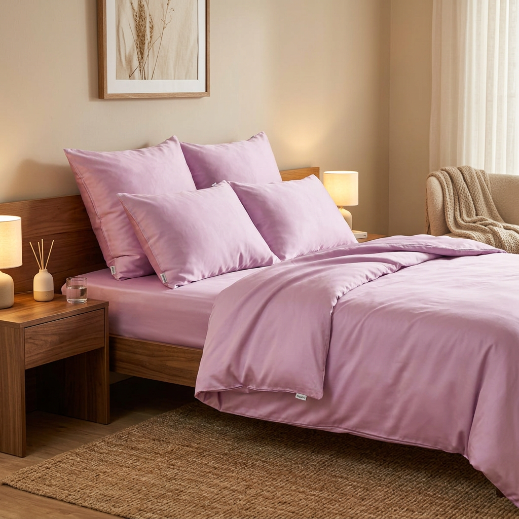 Ensemble de housse de couette rose sur lit en bois avec oreillers dans une chambre confortable aux tons neutres
